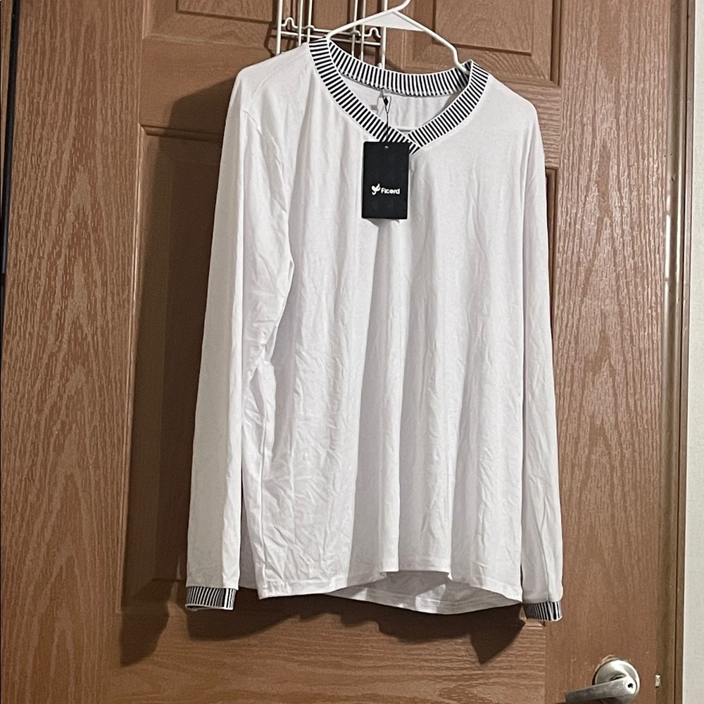 White Long Sleeve Shirt with Black Striped Accents